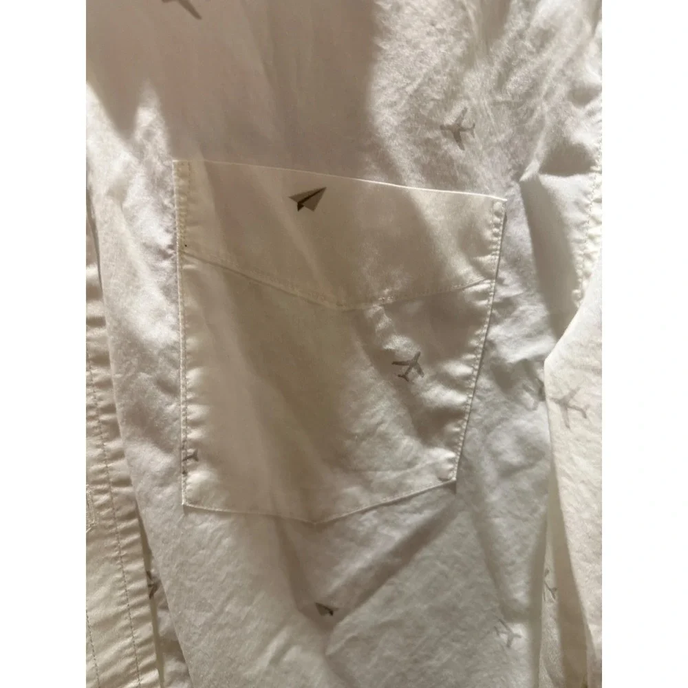 Banana Republic Luxe Poplin Mens Large Slim Fit White Airplane Print Button Down